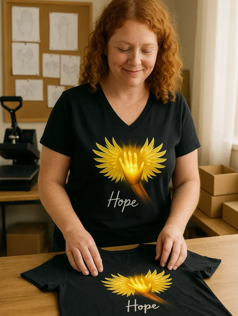 A warm, softly lit workspace with gentle daylight streaming in. A red-haired woman with light curls and a friendly, natural appearance (based on the person in the Florida driver's license) stands next to a wooden work table. She is wearing a black V-neck T-shirt with a glowing golden hand centered between radiant angel wings printed on the chest — the word “Hope” written underneath in elegant white script. She is not looking at the camera; instead, she’s gently folding another identical shirt with calm determination and kindness in her eyes.