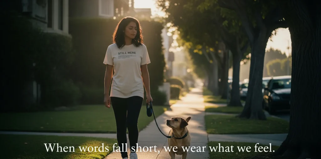 A young woman in her 30s walks slowly with a small loyal dog (like a Border Collie or Labrador) on a loose leash. She wears a cream-colored t-shirt with small printed text that reads “Still Here.” Her expression is calm and introspective, looking down or off into the distance. The dog looks up at her with silent understanding.