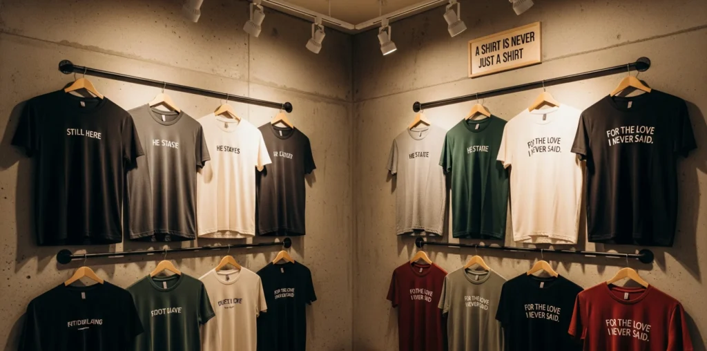 Shirts are in muted colors (black, charcoal, cream, forest green, maroon), each featuring minimalistic emotional phrases like “Still Here,” “He Stayed,” or “For the love I never said.”