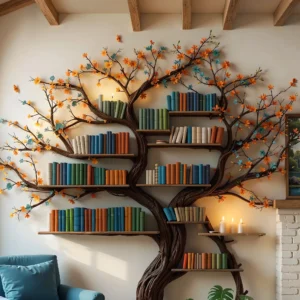 Fyzapew handcrafted tree bookshelf with decorative wooden branches, real solid wood design for books, home decor, and nature-inspired interiors