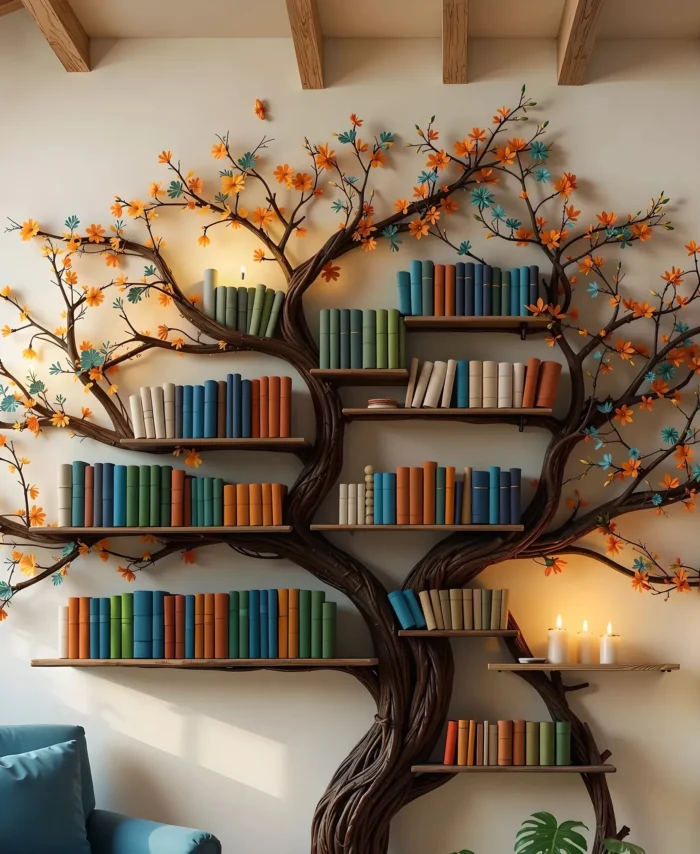 Fyzapew handcrafted tree bookshelf with decorative wooden branches, real solid wood design for books, home decor, and nature-inspired interiors
