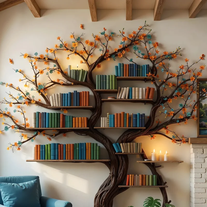 Fyzapew handcrafted tree bookshelf with decorative wooden branches, real solid wood design for books, home decor, and nature-inspired interiors