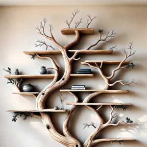 Fyzapew tree-inspired wooden bookcase, handmade from solid wood with multiple branch shelves for storage and decoration