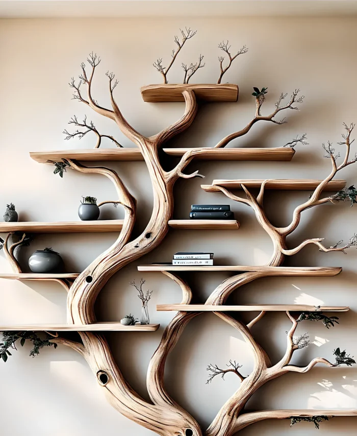 Fyzapew tree-inspired wooden bookcase, handmade from solid wood with multiple branch shelves for storage and decoration
