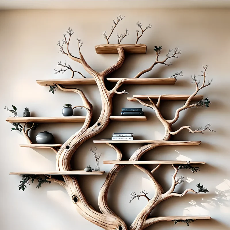 Fyzapew tree-inspired wooden bookcase, handmade from solid wood with multiple branch shelves for storage and decoration