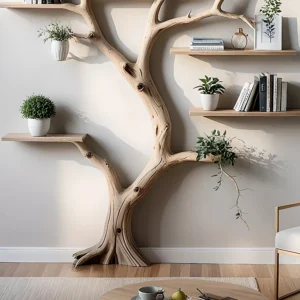 Wall-Mounted Tree Branch Bookshelf – Modern Solid Wood Decor