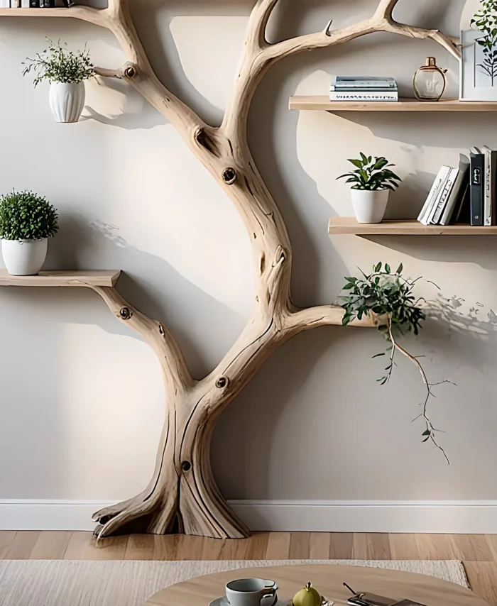 Wall-Mounted Tree Branch Bookshelf – Modern Solid Wood Decor