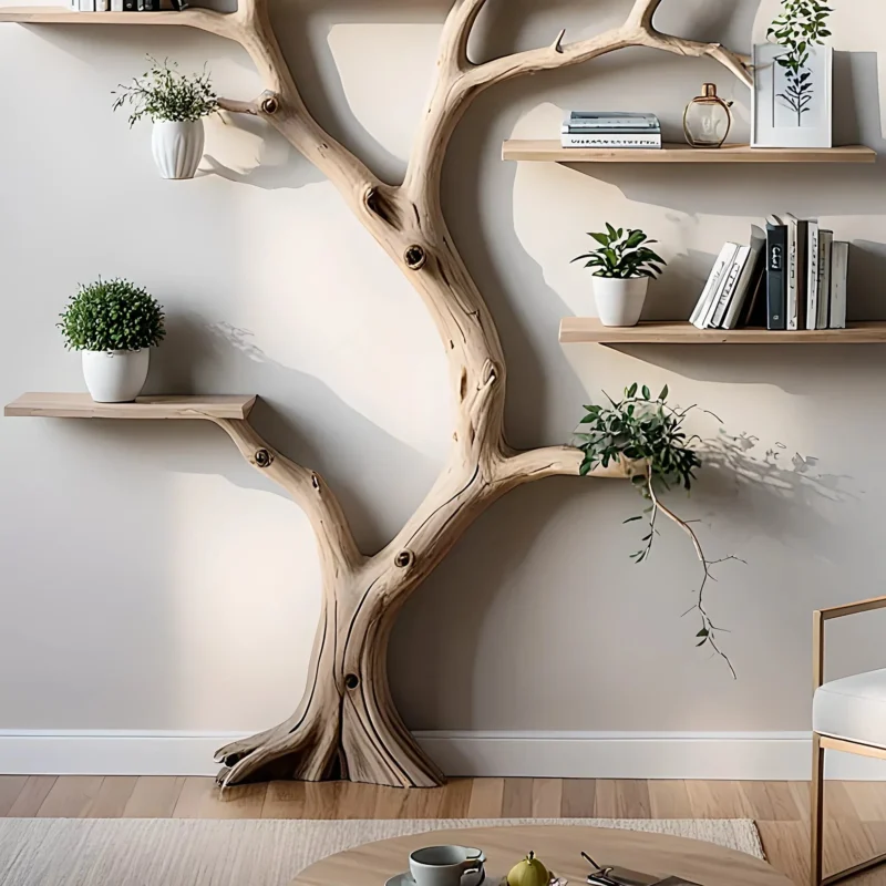 Wall-Mounted Tree Branch Bookshelf – Modern Solid Wood Decor
