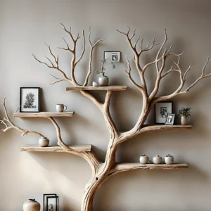 Natural Wooden Tree Bookcase – Minimalist Floating Shelf Design