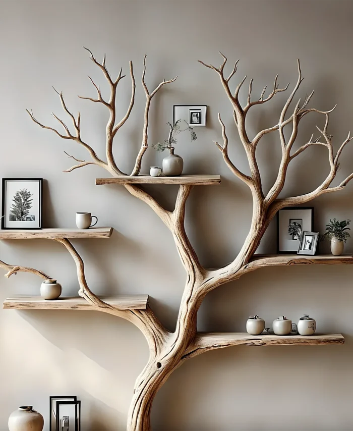 Natural Wooden Tree Bookcase – Minimalist Floating Shelf Design