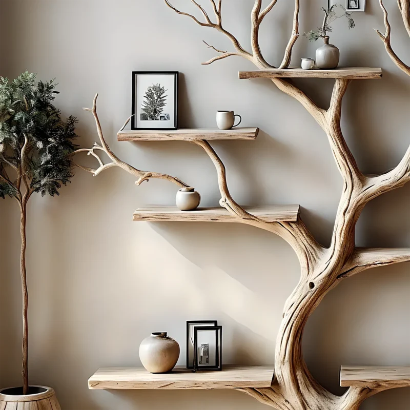 Natural Wooden Tree Bookcase – Minimalist Floating Shelf Design - Image 2