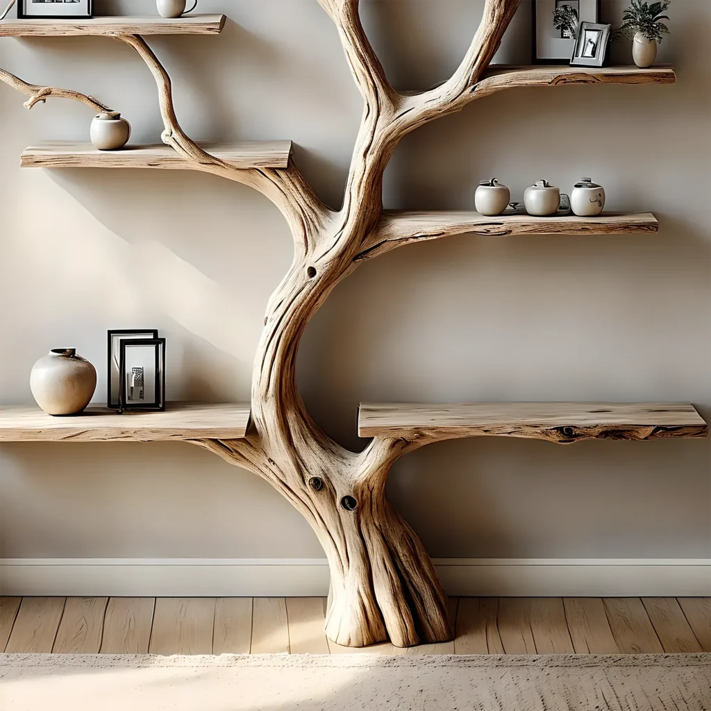 handmade tree-shaped wooden bookshelf by Fyzapew, crafted from solid natural wood with artistic branch shelves for books and decor