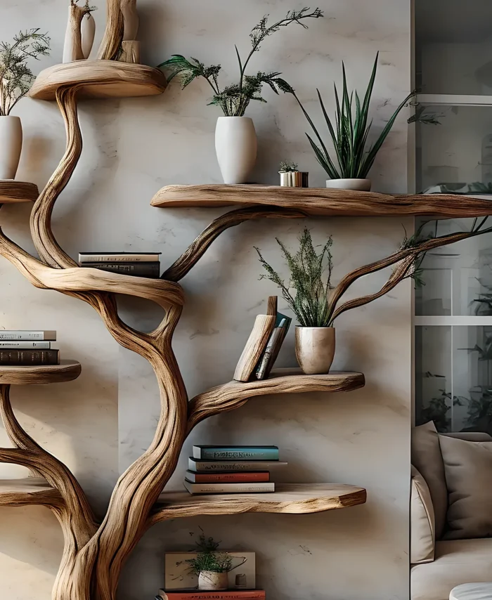 Tree-Shaped Solid Wood Bookshelf – Decorative Floating Shelf for Interior Decoration