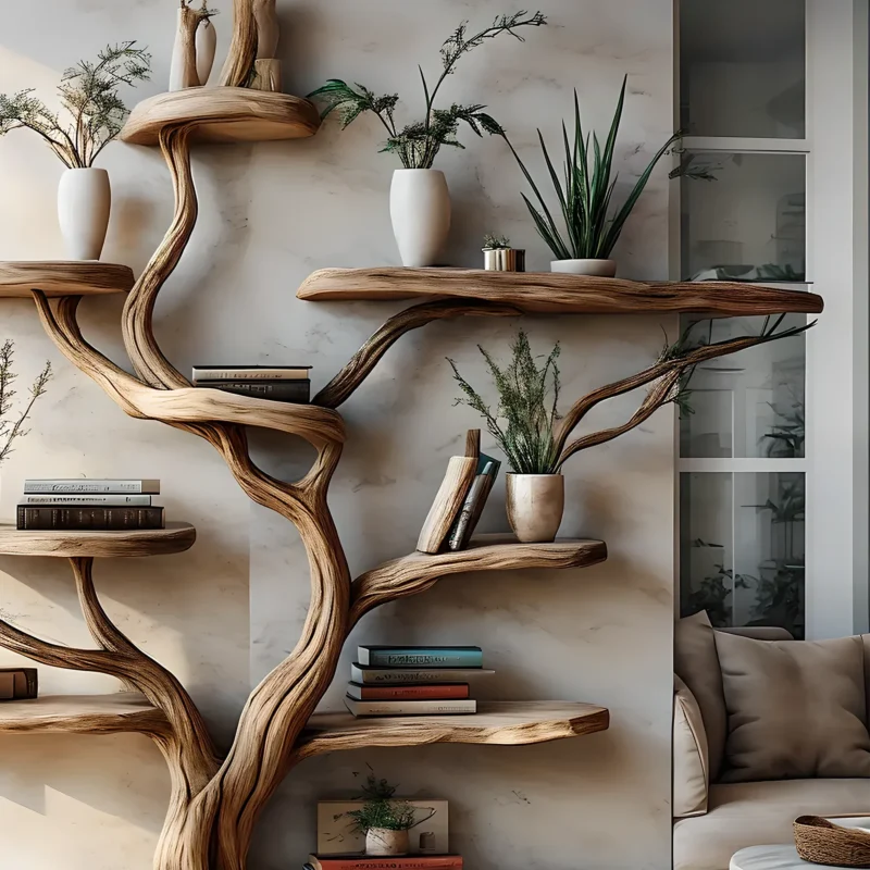 Tree-Shaped Solid Wood Bookshelf – Decorative Floating Shelf for Interior Decoration